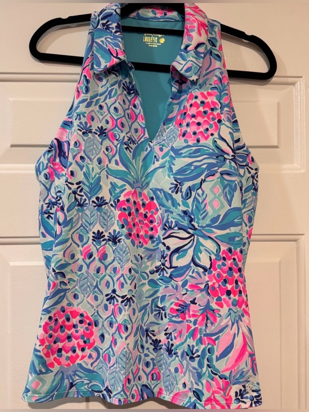 LILLY PULITZER EUC Luxletic Lakelyn Bra Polo Top Zanzibar Blue Party Princess XL - Picture 2 of 5